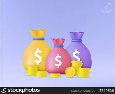 3d Money bags and stacks of golden coins. saving bank concept. 3d rendering. Difference money bags. Vector illustration. Money bags and stacks of golden coins