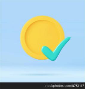 3D money coin saving with check mark. cash and floating coins exchange with finance business. 3d rendering. Vector illustration. 3D money coin saving