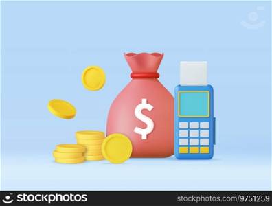 3d Money saving concept. money bag, coin stacks and pos terminal. 3d rendering. Vector illustration. 3d Money saving concept.