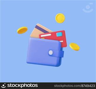 3D Money Saving icon concept. Online payment, Wallet, coins and credit card on background, 3d rendering. Vector illustration. 3D Money Saving icon concept