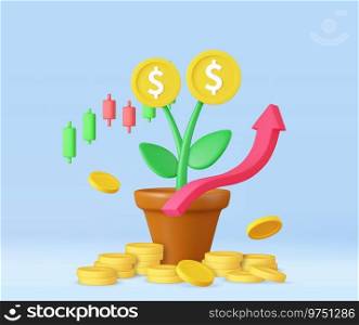 3d money tree plant with coin in pot. Saving money concept. Business profit investment, finance education, earning income, business development concept. 3d rendering. Vector illustration. 3d money tree plant with coin