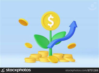 3d money tree plant with coin. Saving money concept. Business profit investment, finance education, earning income, business development concept. 3d rendering. Vector illustration. 3d money tree plant with coin