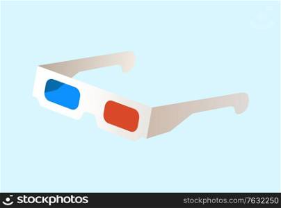 3D movie watching glasses vector, isolated spectacles with red and blue colors on lenses, eyeglasses made of paper, three dimensional world of film. 3D Glasses with Colored Lenses, Optical Movie
