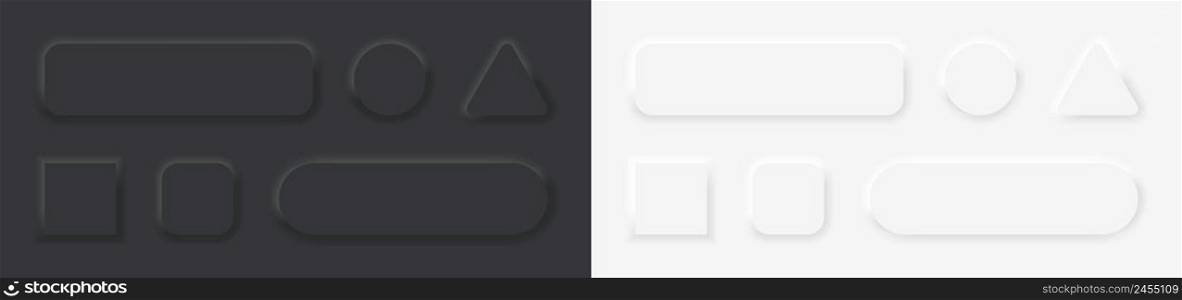 3d neumorph buttons. Black and white circle, square, triangle neumorph buttons with shadow. Set of badges for ui isolated on white and black background. Icons for modern web design. Vector.