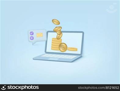 3D Notebook email and coins icon, on soft blue pastel background. Shopping online, sale, promotion, discount. Minimal cartoon icon. Vector illustration