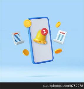 3d Notification bell and mobile phone. app bill online payments credit card concept. money transfer. financial transactions. 3D Rendering. Vector illustration. 3d Notification bell and mobile phone
