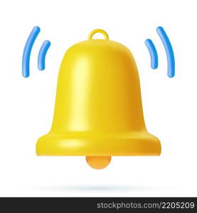 3d notification yellow bell is ringing icon isolated on white background. 3d render bell alert and alarm icon. Vector illustration. Notification message bell icon