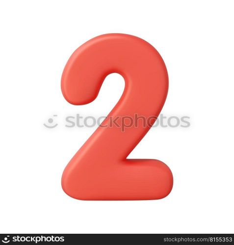 3d Number 2. Two Number sign red color Isolated on white background. 3d rendering. Vector illustration. 3d Number 2. Two Number sign red color.