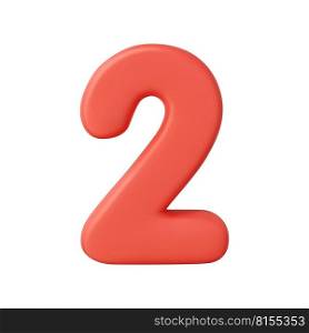 3d Number 2. Two Number sign red color Isolated on white background. 3d rendering. Vector illustration. 3d Number 2. Two Number sign red color.