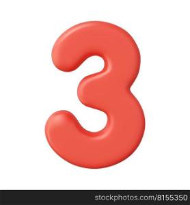 3d Number 3. three Number sign red color Isolated on white background. 3d rendering. Vector illustration. 3d Number 3. three Number sign red color.