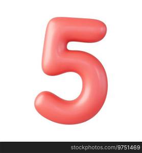 3d Number 5. Five Number sign red color. Isolated on white background. 3d rendering. Vector illustration. 3d Number 5. Five Number sign red color.