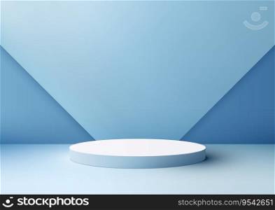 3D of a blue podium on a minimal blue wall background is perfect for product mockups, presentations, and marketing materials. Vector illustration