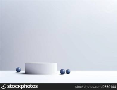 3D of empty white podium with blue balls on a white background is perfect for minimalist product displays, mockups, and showrooms. Vector illustration