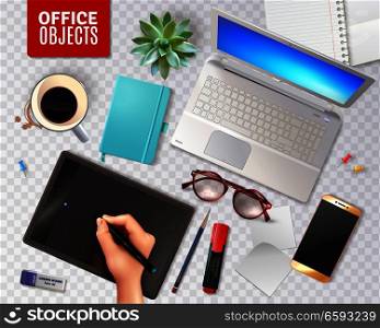 3D office objects on transparent background including personal accessories, electronic devices, stationery, plant and coffee vector illustration. 3D Office Objects Transparent Background