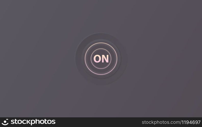 3d ON button icon. Shiny glow effect of a warm yellow color gradient. Vector illustration of on. Push start turn power symbol. Web graphic, switch control computer sign dark background