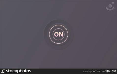 3d ON button icon. Shiny glow effect of a warm yellow color gradient. Vector illustration of on. Push start turn power symbol. Web graphic, switch control computer sign dark background