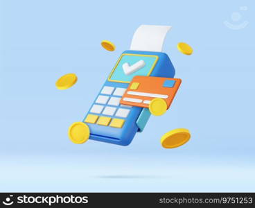 3d Online payment concept. Pos terminal, receipt, coins and credit card, Payment terminal, online transfer, online shopping, transactions online. 3d rendering. Vector illustration. 3d Online payment concept.