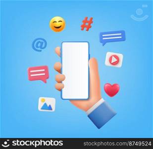 3D Online Social media communication concept. phone with comment, video and photo gallery and play icons. Hand holding phone with emoji, comment, love, like and play icons. Vector illustration. 3D Online Social media