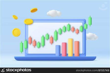 3D online stock trading with laptop. Notebook using funding business graph on computer with money coin. Investment trading in the stock market. 3d rendering. Vector illustration. 3D online stock trading with laptop