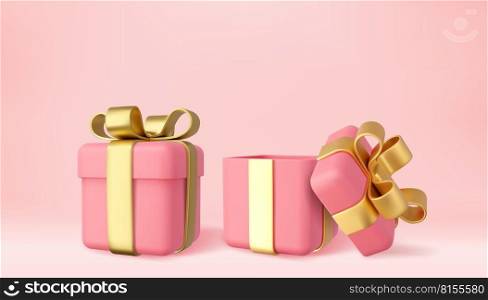 3d open and close gifts box isolated on background. Holiday decoration presents. Festive gift surprise. Realistic icon for birthday or wedding banners. 3d rendering. Vector illustration. 3d gifts box.