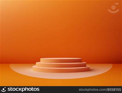 3D orange podium mockup is perfect for showcasing your products in a modern and stylish way. The podium is set against a simple orange background. Vector illustration