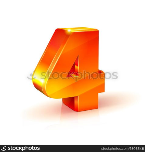 3d orange-red realistic volumetric image number four 4. Isolated on white background. shiny Orange Red number four isolated on white background