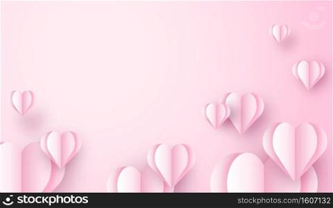 3D origami heart flying on pink background. Love concept design for happy mother’s day, valentine’s day, birthday day. Poster and greeting card template. vector paper art illustration.
