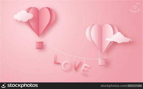 3D origami heart hot air flying with cloud background. Love concept design for happy mother’s day, valentine’s day, birthday day. Poster and greeting card template. vector paper art illustration.