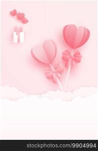 3D origami heart hot air flying with cloud sky background. Love concept design for happy mother’s day, valentine’s day, birthday day. vector paper art illustration.