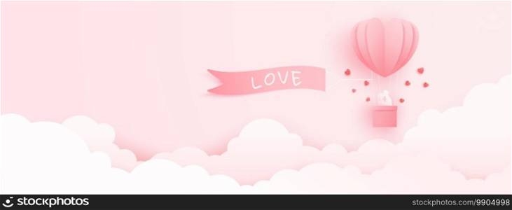 3D origami heart hot air flying with cloud sky background. Love concept design for happy mother s day, valentine s day, birthday day. vector paper art illustration.