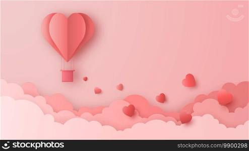 3D origami hot air balloon flying with heart love text background. Love concept design for happy mother’s day, valentine’s day, birthday day. Poster and greeting card template. Paper art illustration.