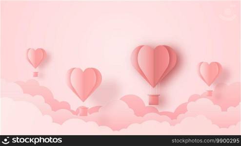 3D origami hot air balloon heart flying with cloud on sky background. Love concept design for happy mother’s day, valentine’s day, birthday day. Vector paper art illustration.