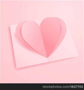 3D origami pink heart paper art with greeting card background. Love concept for valentine&rsquo;s day. Banner template. vector art illustration.