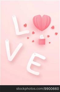 3D origami pink heart paper art  with greeting card background. Love concept for valentine’s day. Banner template. vector art illustration.