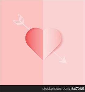 3D origami with heart and arrow background. Love concept design for valentine’s day. Poster and greeting card template. Vector paper art illustration.
