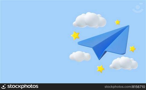 3d paper airplane with clouds Concept Online social network. Business communication applications. Marketing concept. Modern trendy design. 3d rendering. Vector illustration. 3d paper airplane with clouds