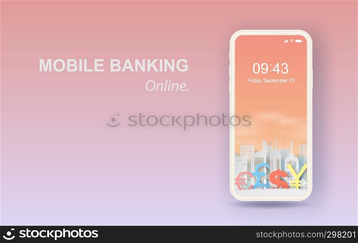 3D Paper art and carft of business finance for Mobile or smartphone banking online concept your text space background vector.Cityscape and lanscape with orange pastel color.illustration,sweet,cute