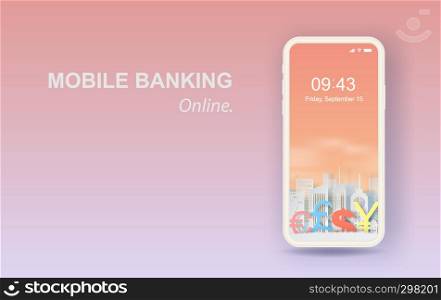3D Paper art and carft of business finance for Mobile or smartphone banking online concept your text space background vector.Cityscape and lanscape with orange pastel color.illustration,sweet,cute