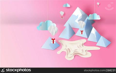 3d paper art and craft design of mountain view scene pond,Air balloons with gift float up in the sky sweet pastel tone color.Clouds in aerial top view.Happy travel holiday festival season vector