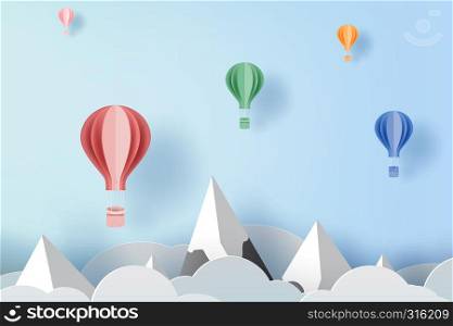 3D paper art and craft of balloon white floating on sky,Balloon with travel holiday Floating on air blue background,happy new years and merry Christmas,Festival concept,landscape snowy mountain.vector