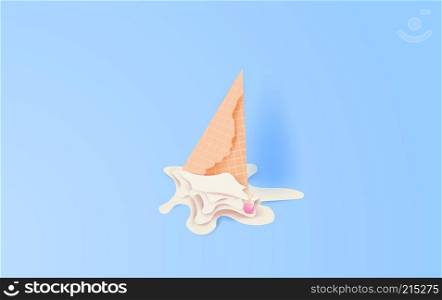 3d paper art and craft of Cute cone white vanilla ice cream fall to ground. cherries fall on ice cream melting on blue color pastel background.graphic design vector and illustration concept