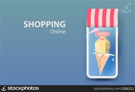 3D Paper art and craft of Ice cream vanilla cone melting for Mobile shopping online summer season concept your text space background vector.Facade of shop smartphone with colorful pastel background.