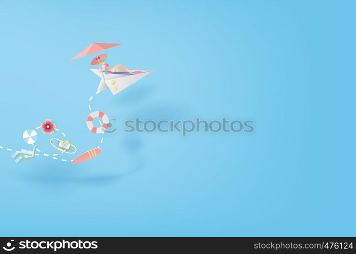 3D Paper art and craft of illustration Tropical summertime on paper airplane flying concept,Summer season Young women Sunbathing,BY pastel colorful,creative design paper cut idea background.vector