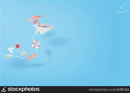3D Paper art and craft of illustration Tropical summertime on paper airplane flying concept,Summer season Young women Sunbathing,BY pastel colorful,creative design paper cut idea background.vector