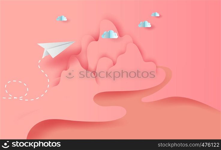 3D Paper art and craft of landscape white paper airplanes flying on sky and clouds, Creative design paper cut airplanes for business success concept idea,pastel color,river,Vector illustration.