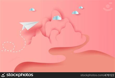 3D Paper art and craft of landscape white paper airplanes flying on sky and clouds, Creative design paper cut airplanes for business success concept idea,pastel color,river,Vector illustration.