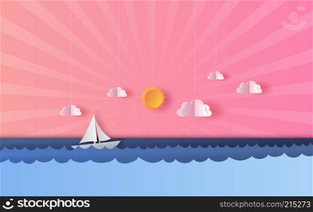 3D Paper art and craft of seascape view with a floating sailing boat in the clear sunset beautiful pink and blue sky background.summertime season landscape with sea wave surface.vector illustration.