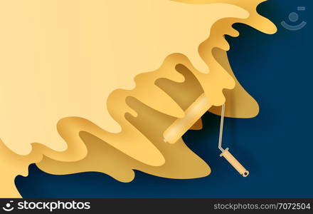 3D Paper art and craft of Vector roller brush with yellow paint for your text space background.banners and advertising .Isolated on blue wall marking color brush for art graphic design.illustration.