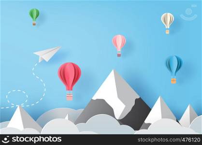 3D Paper art and craft of white paper airplanes flying and balloons on blue sky and clouds, Creative design paper cut airplanes for business success concept idea,pastel color,Vector illustration