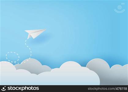 3D Paper art and craft of white paper airplanes flying on blue sky and clouds, Creative design paper cut business success and leadership concept idea,pastel color background,Vector illustration